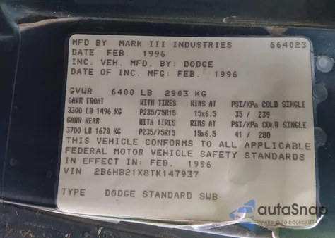 1996 Dodge Ram Van B2500 from USA, damaged, VIN 2B6HB21X8TK147937